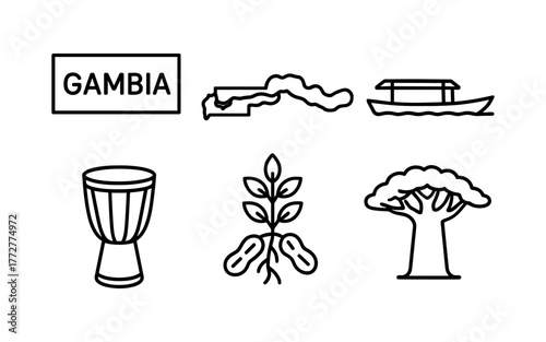 Gambia icons: outline style featuring map, boat, drum, peanuts, baobab tree