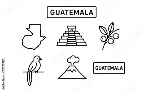 Guatemala icon set: map, pyramid, quetzal, coffee branch, volcano in minimalist style