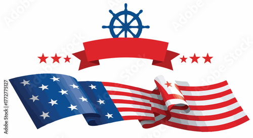 Patriotic vector illustration featuring American flag colors and stars in a waving banner shape