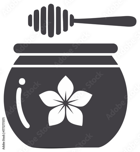 Stylized Honey Pot and Dipper with Flower Decoration Simple Icon Graphic