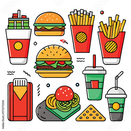 An illustration of various burger and fast-food items
