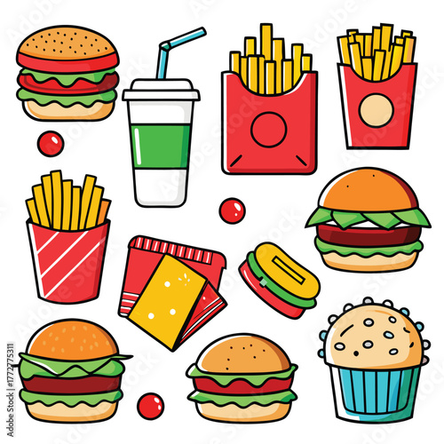 An illustration of various burger and fast-food items