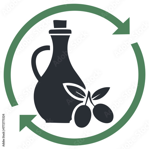 Organic Olive Oil Jug and Fresh Olives inside a Green Recycle Symbol