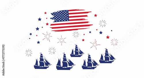 Patriotic vector illustration with a stylized American flag, stars, and fireworks