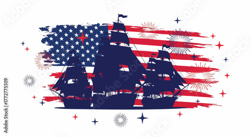Silhouetted tall ships sail across a distressed American flag backdrop with festive fireworks and stars