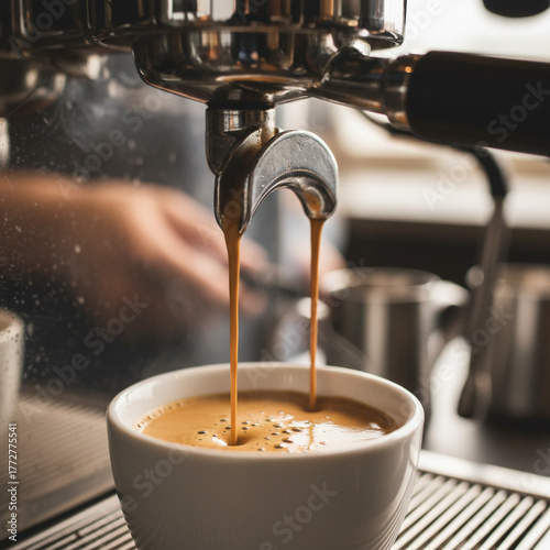 Fresh Espresso Being Poured from a Coffee Machine into a White Cup