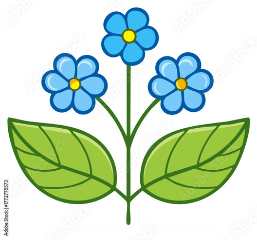 Stylized Illustration of Three Blue Forget Me Not Flowers with Green Leaves