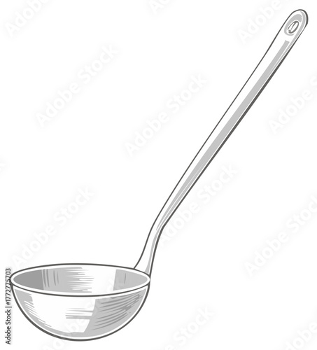 Silver ladle kitchen utensil isolated on white background for cooking and serving soup or liquids