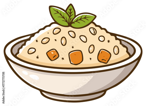 Minimalist vector art of a nutritious creamy dish in a bowl with scattered nuts and fresh green leaves