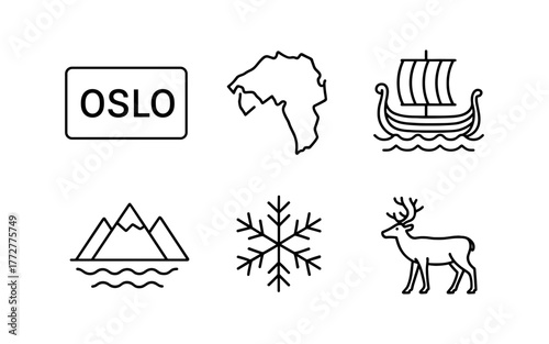Minimalist norwegian icons: oslo, viking ship, reindeer, mountains, africa, snowflake