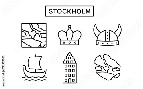 Stockholm icon set: viking helmet, crown, longship, architecture