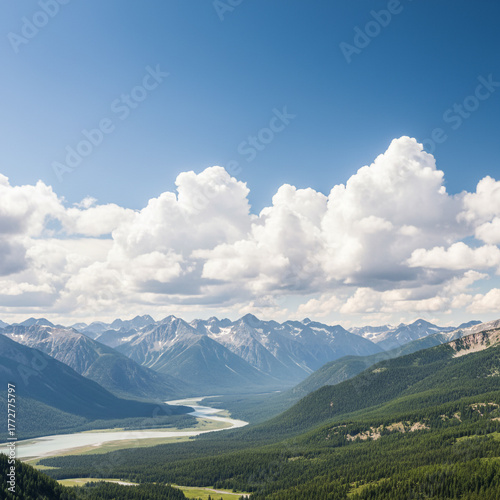 Panoramic View of a Serene Mountain Landscape with River