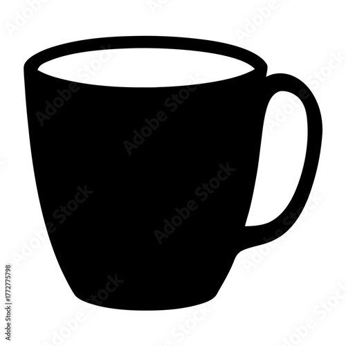 Black silhouette of teacup or coffee cup icon, Simple black icon of a cup with a handle, symbolizing tea, coffee, hot beverages, comfort, relaxation, and daily drink routines.
