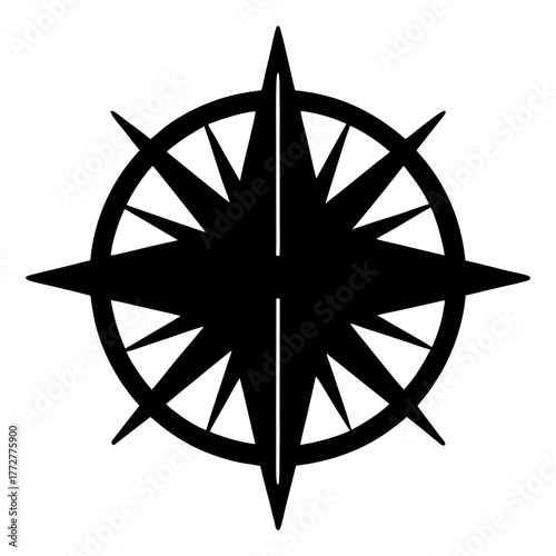 Monochrome Compass Rose Navigation Symbol with Inner and Outer Circular Bands