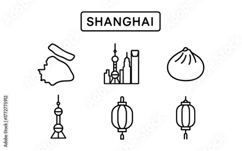 Shanghai icons: skyline, dim sum, lanterns in minimalist black and white design