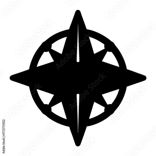 Black silhouette of compass rose or navigation icon, Simple black icon of a compass rose with directional points, symbolizing navigation, travel, exploration, guidance, and orientation.
