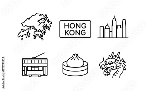 Outline icons of hong kong featuring map, skyline, tram, dumpling, and dragon