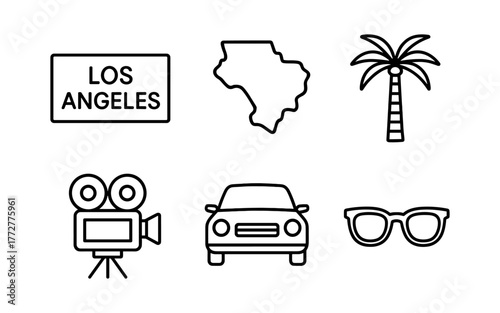 Minimalist icons of los angeles: map, palm tree, film camera, car, and glasses