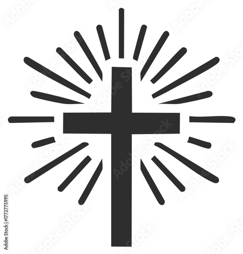 Black silhouette of a Christian cross with shining light rays a simple graphic icon symbolizing faith hope and resurrection