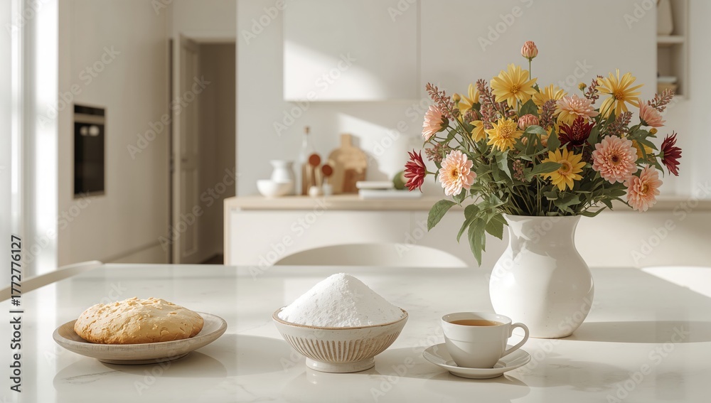 custom made wallpaper toronto digitalModern kitchen scene with a bowl of dough, sugar container, tea cup, and a floral ceramic vase on the table during summer.