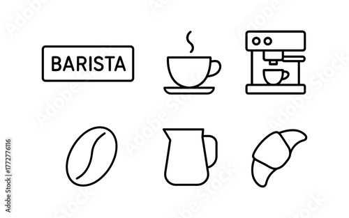 Linear coffee shop elements: espresso machine, cup, and more