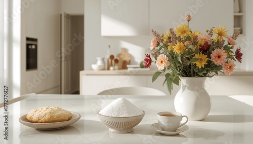 Wallpaper Mural Modern kitchen scene with a bowl of dough, sugar container, tea cup, and a floral ceramic vase on the table during summer. Torontodigital.ca