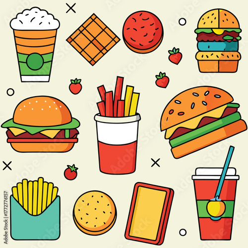 An illustration of various burger and fast-food items