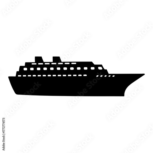 Black silhouette of cruise ship or ocean liner icon, Simple black icon of a large passenger cruise ship with windows, symbolizing travel, sea transportation, vacation, or maritime tourism.
