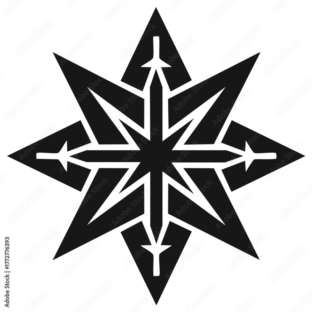 Obraz premium Eight Pointed Star Geometric Design: Black and White Icon Symbol with Abstract Rays