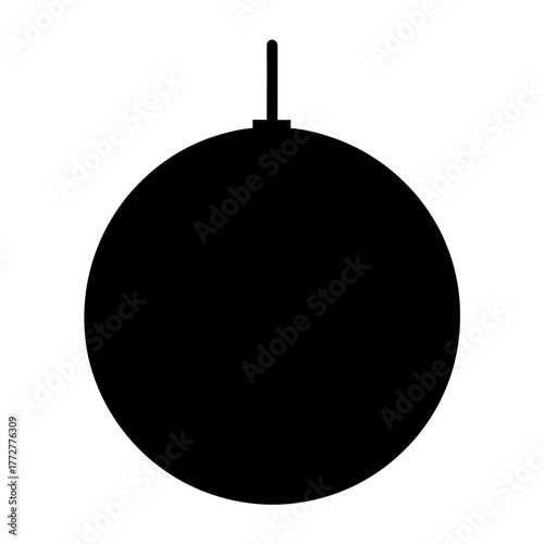 Black silhouette of round Christmas ornament icon, Simple black icon of a spherical holiday ornament with a top hook, symbolizing Christmas, decoration, winter holidays, and festive themes.
