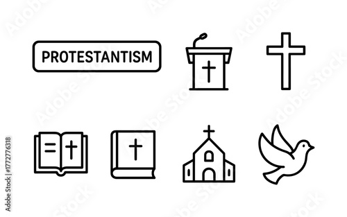 Protestantism symbols set featuring cross, church, and bible in minimalist line art