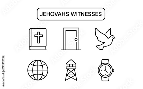 Jehovah's witnesses symbols: bible, door, dove, globe, watchtower, watch