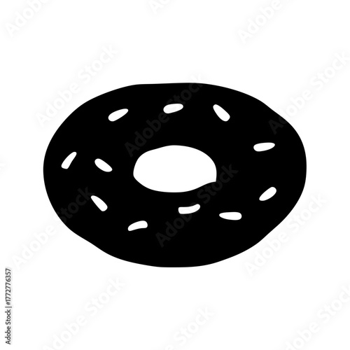 Simple black donut with white sprinkles on a white background drawing