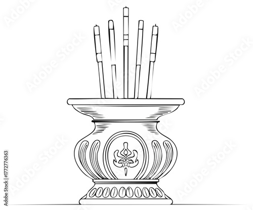 Decorative incense holder illustration with sticks inside. Ritual object line art