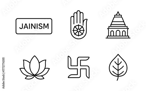 Minimalistic jain symbol set: religion, architecture, and nature icons