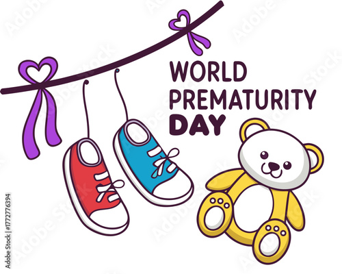 World Prematurity Day Illustration with Hanging Baby Shoes Purple Ribbons and a Yellow Teddy Bear