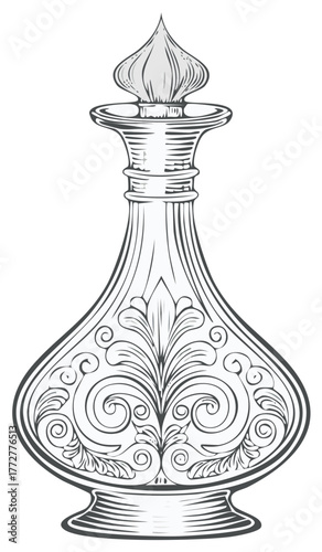 Ornate Perfume Bottle Illustration with Swirls and Floral Designs in Black and White