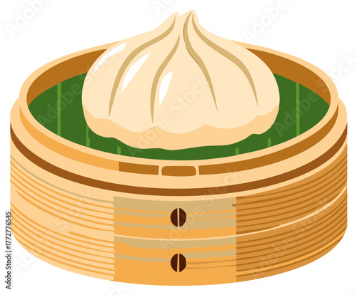 Steamed dumpling in a traditional bamboo steamer cartoon illustration