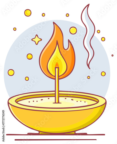 Lit diya oil lamp with glowing flames, smoke and festive sparkles illustration