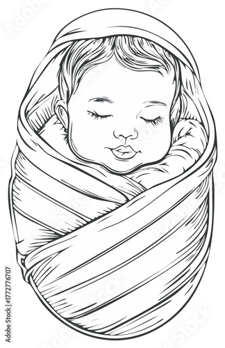 Delicate baby wrapped in a swaddle blanket peacefully sleeping illustration