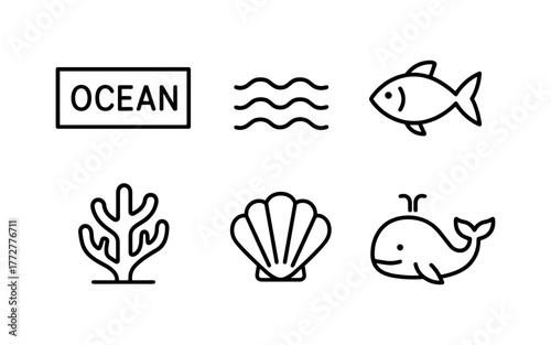 Minimalist ocean icons: marine life and symbols in simple line art