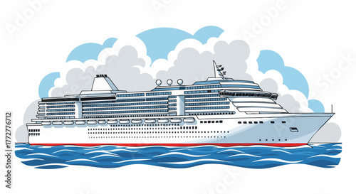 Vibrant vector illustration of a luxurious cruise ship sailing on blue waters under a cloudy sky