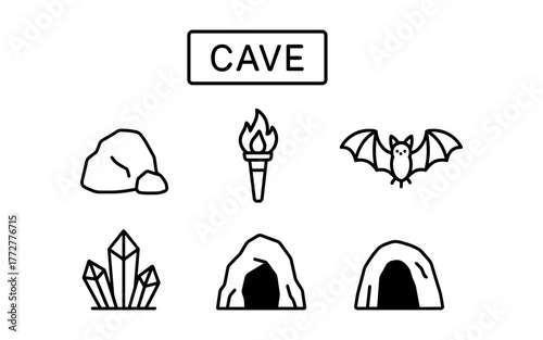 Minimalist cave elements: crystals, bats, and torches