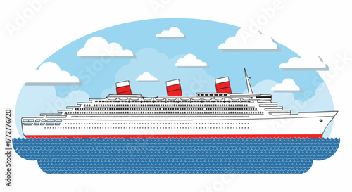 Vintage ocean liner illustration. A large retro cruise ship sails on the blue sea under a cloudy sky. Concept for vacation, travel, and journey