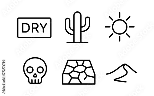 Desert line icons set: cactus, sun, drought, skull, sand, and dry sign