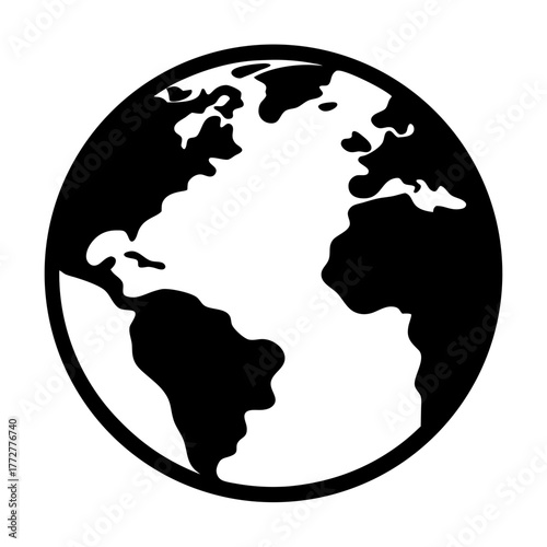 Stylized black and white illustration of Earth with continents visible