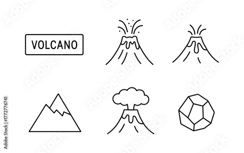 Minimalist icons of volcanoes and mountains with eruption styles
