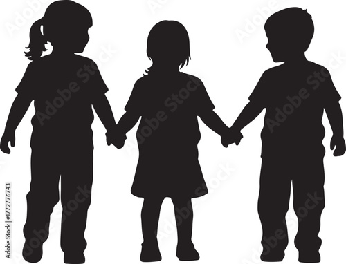 Simple graphic illustration of three kids in silhouette, a girl and two boys, holding hands as a symbol of childhood friendship, togetherness, and community