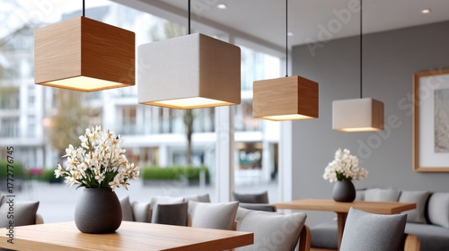 Fototapeta Naklejka Na Ścianę i Meble -  Elegant Modern Restaurant Interior With Natural Wood Accents And Contemporary Cube Pendant Lights And Floral Arrangements