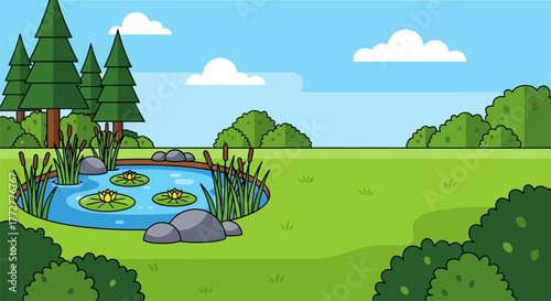 A serene landscape featuring trees a pond and lush green vegetation